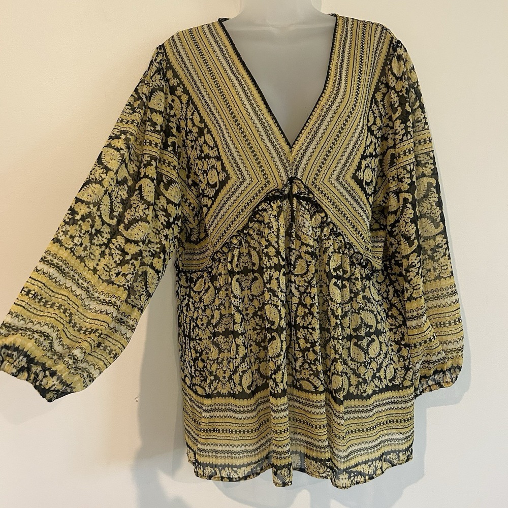Rose and Olive Blouse Babydoll Sz XL Sheer Flowy Metallic Bohemian Whimiscal